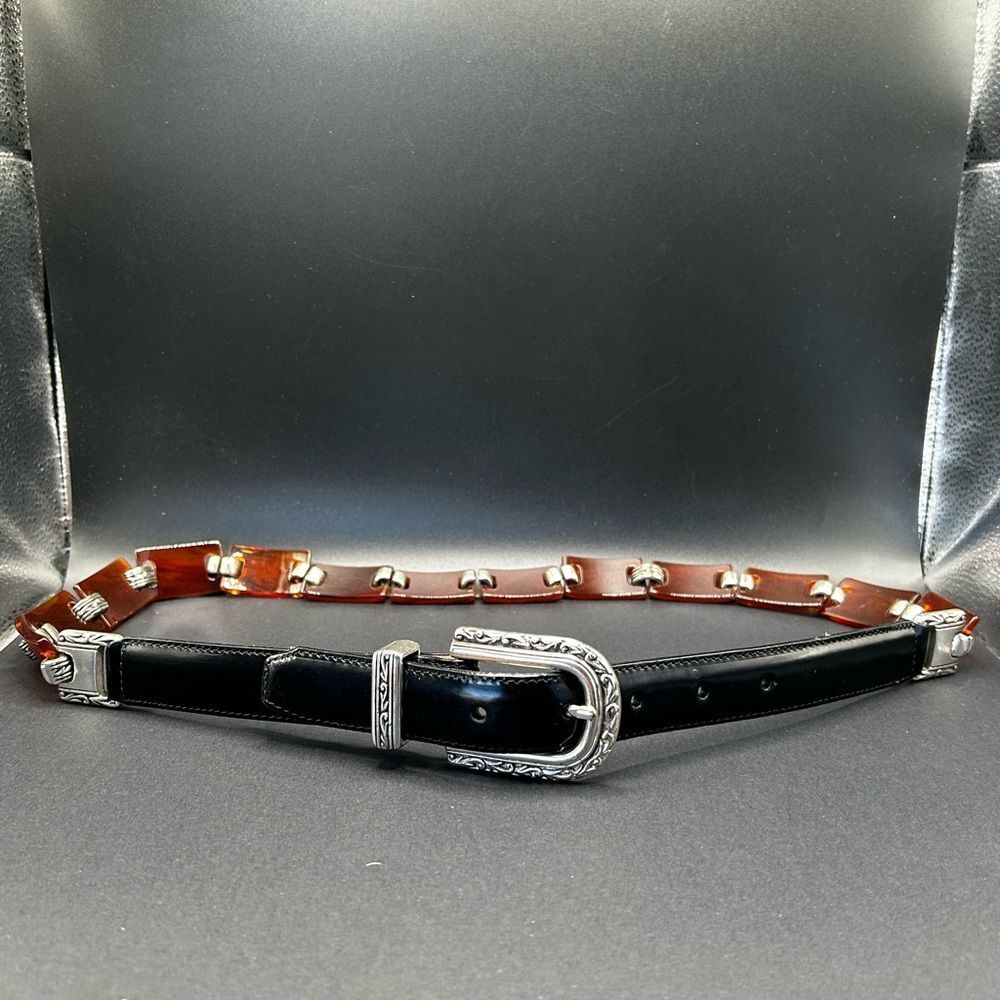 Brighton Black Leather Tortoise Lucite Belt with Silver Accents 39” Large - Picture 3 of 9